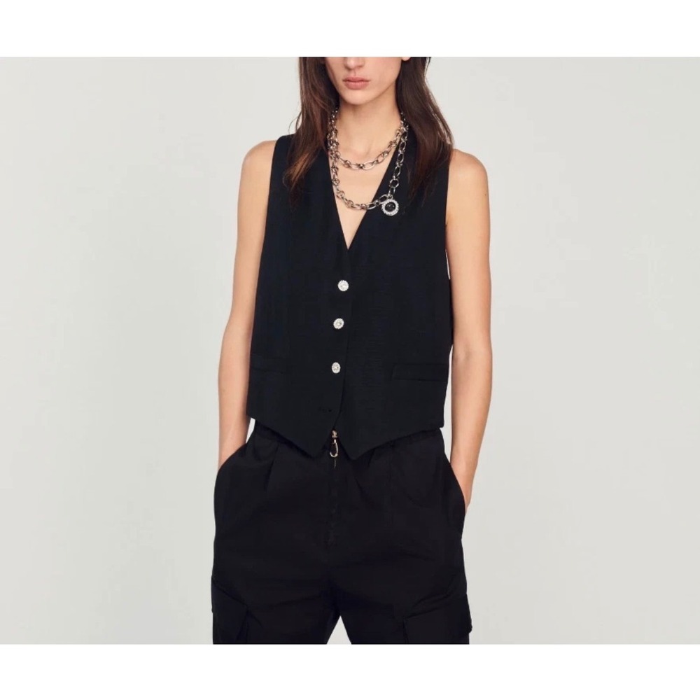 Sandro Crystal Embellished Waistcoat Vest Black Oversize Fit Chic S Euro Paris